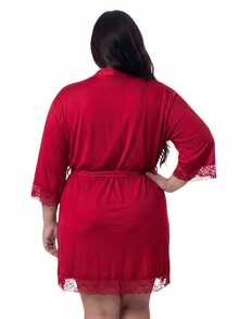 Women's Plus Size Robe In Romantic With Lace Detail And Satin Bow, Luxury, Comfortable, Red - 紅色 - 查看 2