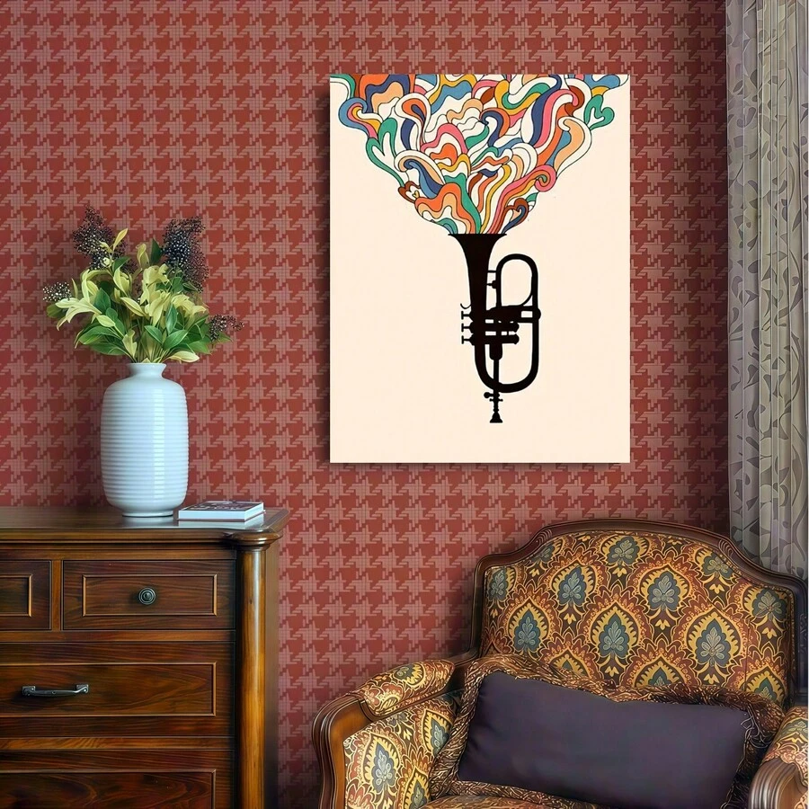 Impresión de póster en lienzo enmarcado 1 pieza Arte inspirado en la música vibrante - Lienzo colgante de pared con notas musicales coloridas y diseño de clave de sol - Estilo moderno retro para decoración del hogar, oficina, sala de estar, dormitorio - Medio de tinta duradera, decoración de la sala de música - Enmarcado - Ver 1