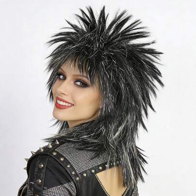 Peluca de estilo punk rock disco, brillante, negro/plateado, de hombro, negra, peluca punk rock de los años 70 y 80 para fiestas, peluca sintética de fibra metálica de textura metálica, de capas, recta y esponjosa, de longitud media a larga, mixta de negro y plata brillante, unisex, para disfraz de fiesta, peluca mohawk, adecuada para vacaciones, fiestas, carnavales escolares, conciertos, convenciones de anime, exposiciones, citas, discotecas, Navidad, Año Nuevo, decoración de festivales de música