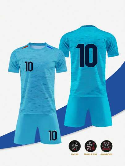 2024 Tween Boys New Light Blue Soccer Jersey Away #10, Soccer Uniform Set - Polyester, Round Neck Short Sleeve Top And Shorts, Suitable For Boys & Girls Sports, Training And Casual Wear, Perfect For Outdoor