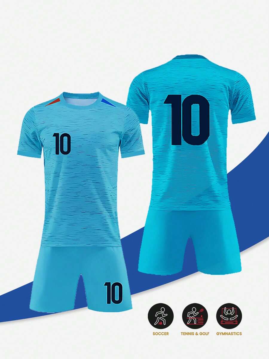 2024 Tween Boys New Light Blue Soccer Jersey Away #10, Soccer Uniform Set - Polyester, Round Neck Short Sleeve Top And Shorts, Suitable For Boys & Girls Sports, Training And Casual Wear, Perfect For Outdoor - Mint Blue - View 1