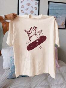 Women's Summer Cat Print Casual Simple Loose Everyday Street Style Round Neck Short Sleeve T-Shirt - Apricot - View 1