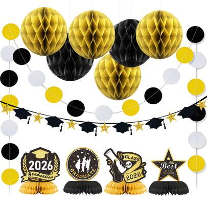 12pcs/Set Honeycomb Graduation Hanging Flags Decoration Set, For Graduation Party Decor