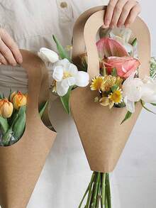 5/10个装牛皮纸花卉礼品袋，带提手，花卉包装袋，适用于礼品、节日、婚礼、生日、派对等场合。 - 彩色 - 查看 3