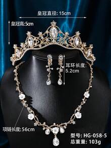 1 Set Silver Luxury & Noble Wedding Jewelry Set, Bride Necklace, Earrings, Crown 3pcs - Silver - View 6