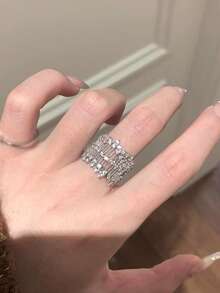 1 chiếc nhẫn đồng đơn cao cấp thiết kế lưới rỗng, bản rộng, khảm đá zirconia tổng hợp siêu sáng bóng, thanh lịch, chắc chắn, nhẹ, có thể điều chỉnh kích thước, dành cho nữ. - Bạc - Xem 6