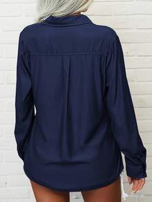 Ladies' Solid Color Lapel Long Sleeved Button Up Casual Shirt Top With Pockets, Suitable For Beach, Street, Daily, Sports, College, Business, Office, Going Out, Traveling - Blue - View 3
