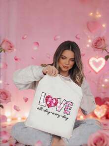 1/2个可爱爱心帆布手提袋，单面印花，可重复使用购物袋，大容量，帆布材质，爱心礼物，情人节礼物，浪漫情人节礼物，休闲风格 - 彩色 - 查看 9