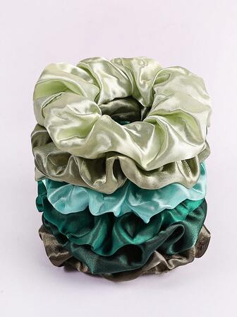6pcs Green Satin Scrunchies, Ponytail Holders, Hair Accessories, Gentle On Hair