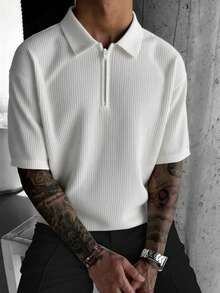 K-GLORY 男士休闲百搭针织条纹 Polo 衫短袖 T 恤，春夏款 - 白色 - 查看 2