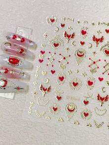 1pc Gold & Red Love Star Moon Totems Nail Art Stickers 5D Valentine's Day Glitter Heart/Red Lip/Bow Nail Decal Manicure Supplies - Multicolor - View 15