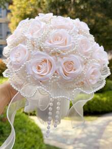 8.66 Inch Artificial Wedding Bouquet, Bridal Faux Pearl Veil Decorated Rose Bouquet, Suitable For Wedding Ceremony, Anniversary, Homecoming And Other Occasions, Valentine's Day Gift,Festival,Birthday - Multicolor - View 5