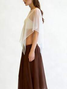 Women Chiffon Sheer Poncho Mesh Shrug Off Shoulder Cape Shawl Wraps Y2K See Through Ruffle Hem Flowy Vacation Outfits - 白色 - 查看 2