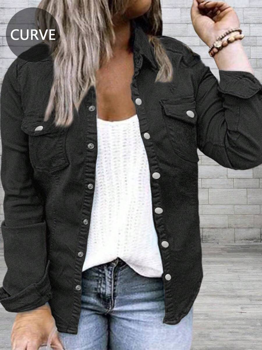 Áo sơ mi denim dài tay dáng rộng màu đen cỡ lớn dành cho nữ - Áo kiểu dáng thường ngày ôm sát, đa năng, phù hợp cho đi làm hàng ngày và phong cách đường phố. - màu đen - Xem 1