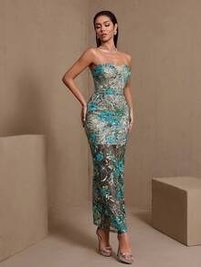 Women's Elegant Beaded Double-Layer Bustier Formal Dress, Suitable For Wedding Guest - Green - View 6