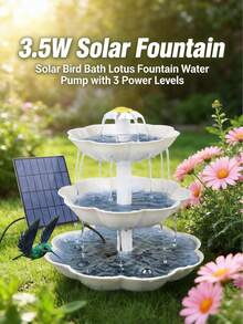 DIY装饰喷泉和鸟浴盆套装，包含3.5W太阳能喷泉泵、3.5W三层太阳能喷泉（带可拆卸瀑布和自动浇水功能）以及太阳能鸟浴喂食器，适用于户外花园、露台、庭院装饰。