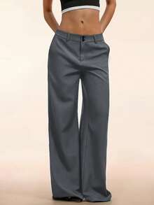 Quần ống đứng nữ, chất liệu polyester, có túi khóa kéo và chi tiết cúc, chất liệu không co giãn. - Màu xám đen - Xem 3