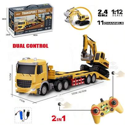 Zestaw pojazdów budowlanych RC w skali 1:24 – ciężarówka transportowa + koparka + bariera, realistyczna symulacja z dźwiękiem i światłami, zdalnie sterowane pojazdy zabawkowe 2,4 GHz, zabawki konstrukcyjne dla chłopców, prezent urodzinowy/świąteczny