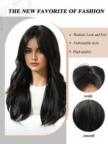 Tóc giả dài vừa phải 20 inch màu đen dành cho nữ, kiểu tóc xoăn sóng tự nhiên, chịu nhiệt, chất liệu tổng hợp, phù hợp cho nữ sử dụng hàng ngày, ở nhà hoặc đi nghỉ mát, có mái. - màu đen - Xem 9