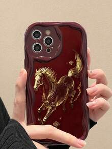Cream Textured Wine Red Horse Painted Anti-Drop Phone Case Protective Cover Compatible With IPhone 14, 14 Pro, 14 Pro Max, 13, 13 Pro, 13 Pro Max, 11, 11 Pro Max, 12, 12 Pro, 12 Pro Max, XR, XS, 15, 15 Pro, 15 Pro Max, 16, 16 Pro, 16 Pro Max, 17, 17 Pro, 17 Air, 17 Pro Max, Premium Anti-Drop Phone Case - Multicolor - View 4