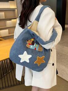 Dedoo 可爱腊肠犬手提包，大容量，刺绣星星，多功能手提包，艺术感单肩包，休闲女士手提包 - 藍色 - 查看 7