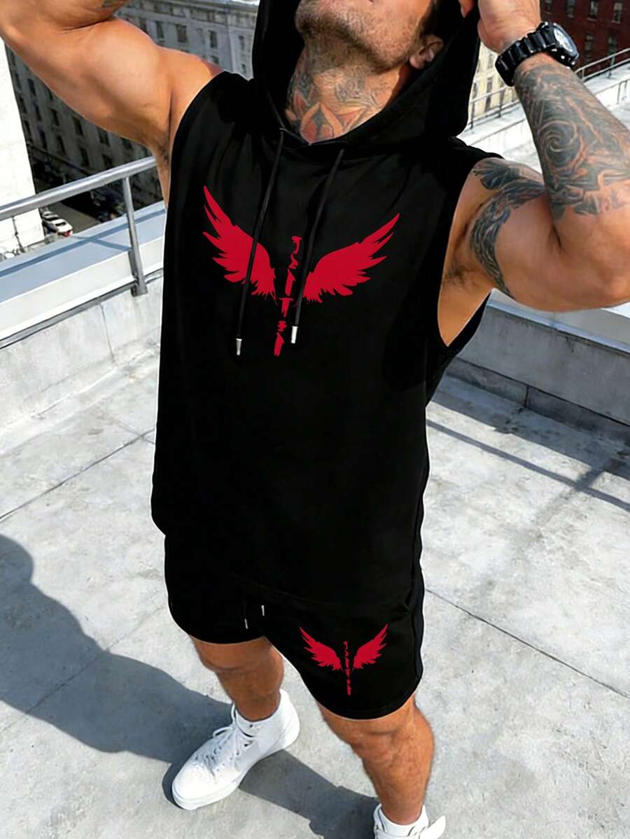 Krometka Set de 2 piezas de camiseta sin mangas con capucha y shorts con estampado de alas versátil y casual para hombres, primavera/verano - Negro - Ver 1
