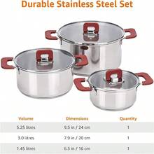 3-Piece Stainless Steel Space Saving Induction Cookware Set - Casserole With Stackable Lid Soft Touch Handle - 16/20/24 Cm 14.56 Inches - Stainless Steel - View 6