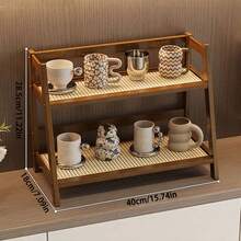 1pc Vintage Freestanding Tabletop Storage Rack, Dual-Tier Shelf, New Chinese Style Multi-Purpose Storage Rack, Kitchen Organizer, Living Room Storage And Organization, High-End Dish Rack, Tea Cup Coffee Mug Organizer, Spice Rack, Display Shelf, Woven Rattan Panel, Quick Draining, Breathable And Moisture-Proof, Suitable For Kitchen, Bathroom, Office, Bedroom, Balcony Decor