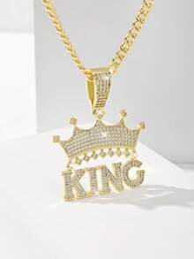 1pc Classic European And American Style Copper Inlaid Zirconia KING Limited Edition Pendant Necklace, Suitable For Christmas/Thanksgiving/Halloween/Mother's Day/Valentine's Day Gifts For Couples/Friends/Godparents, Catholic First Communion, Gifts, Daily And Festival Wear Prayer - Yellow Gold - View 2