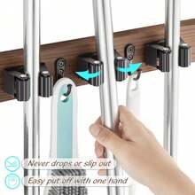 Mop And Broom Holder Wall Mount - Rustic Wood Broom Mop Hanger - Wall Mounted Garden Tool Rack Organizer For Closet Garage Laundry Room Kitchen Decor With 4 Slots & 4 Hooks - Brown-5 Slots - View 3