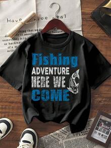 Tricou grafic cu mânecă scurtă pentru femei, cu imprimeu de aventură de pescuit, scrisoare și pește, casual, cu guler rotund, croială lejeră, vară, purtare zilnică, top