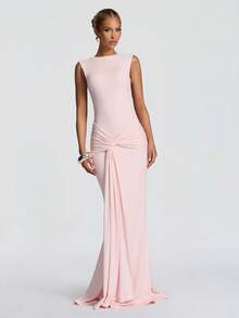 Women's Elegant Sleeveless Backless Mermaid Maxi Knit Cocktail Dress, Formal Evening Gown, Wedding Guest Dress, Party Dress, Valentine's Day Dress - Pink - View 4