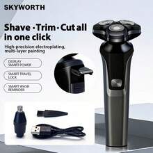 SKYWORTH Men's 3-In-1 Electric Shaver, Built-In Sideburn Trimmer & Detachable Nose Hair Trimmer Attachment, USB Rechargeable, Wet & Dry Use, Electric Razor - Multicolor - View 8