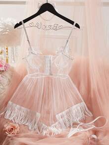 Women's Sheer Lingerie Set Romantic Flower Embroidery Sleeveless Deep V Neck Babydoll Nightdress With G-String 2 Pcs Set - trắng - Xem 7