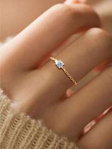 1pc S925 Sterling Silver Zirconia Stone Adjustable Chain Ring, Unique Design, Gift For Women - Diamond - View 5