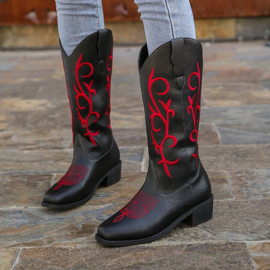 2024 New Women's Square Toe V-Shaped Embroidered Western Cowboy Boots, Outdoor Fashion Chunky Heel Retro Style Riding Boots/Fashionable Over-The-Knee Boots/Women Boots - Black - View 1