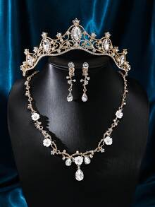 1 Set Silver Luxury & Noble Wedding Jewelry Set, Bride Necklace, Earrings, Crown 3pcs - Silver - View 12