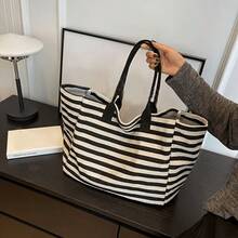 Fashionable Black And White Striped Canvas Handbag With Shoulder Strap - Large Capacity, Portable Commuter Handbag, Suitable For Women's Daily Use, Daily Handbag | Minimalist Design | Canvas Structure - Multicolor - View 8