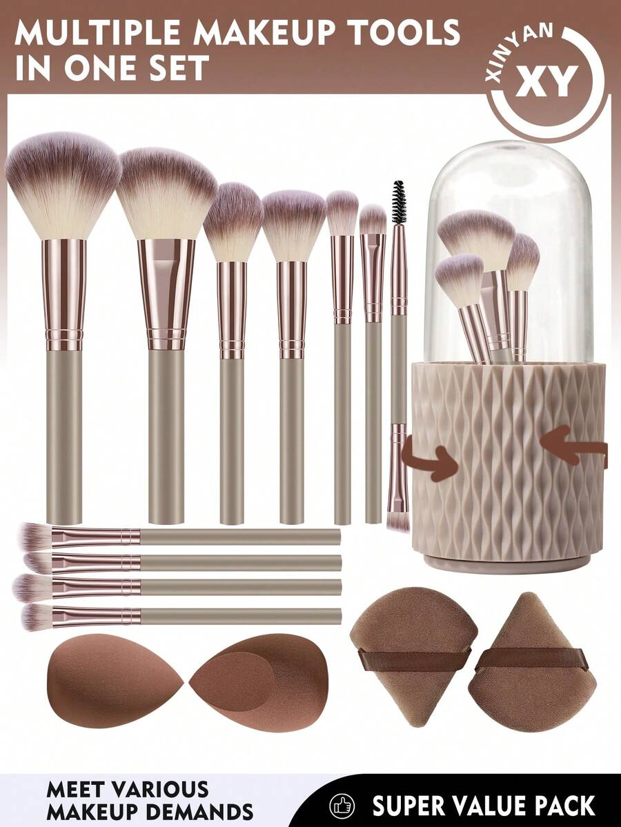 15PCS Makeup Tools Set Including:11PCS Makeup Brush Set+1pc Storage Bucket+2PCS Makeup Sponges+2PCS Triangle Powder Puffs