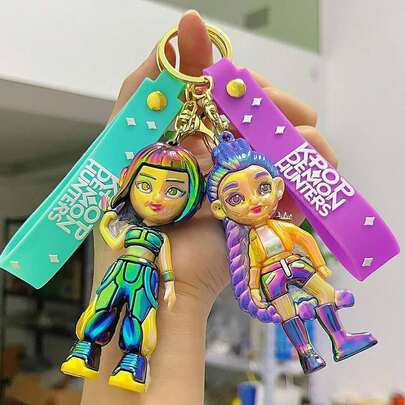 K-pop elektropläterad demonjaktande tjejgruppsnyckelring, populär tjejgruppsbilväska liten presenthänge, väskhängetillbehör, bilnyckelring, tecknad nyckelring, söt tecknad nyckelring, väskdekoration