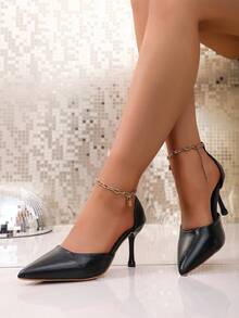 8cm Pointed Toe Stiletto Heels, Fashion Elegant Charm Ankle Chain Slip On Pumps, Comfortable For Daily, Work, Party, Wedding - Black - View 3