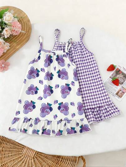 2pcs/Set Toddler Girls' Fashionable Casual Red Plaid Strawberry Print Off-Shoulder Cami Dress, Suitable For Party, Holiday, Leisure, Vacation, Outdoor And Home Wear, Summer
