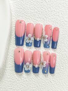 10片极简花卉图案美甲贴纸，手工美甲套装，香槟钻石美甲装饰，蓝色凝胶美甲，三种尺寸可选：杏仁形、鸭嘴形、棺材形，包含工具包，适合女性和女孩，适合派对、活动、日常佩戴，手工按压式美甲贴片 - 彩色 - 查看 16