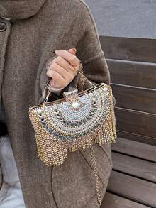 Dedoo 1件新款水钻装饰晚宴手拿包 - 闪亮亮片手提包，带流苏装饰，适合搭配婚纱和伴娘礼服，可拆卸金属链条肩带，是送给女性的完美礼物，非常适合派对、婚礼、盛会、正式活动，可搭配节日派对礼服、晚礼服和亮片连衣裙。 - 金色 - 查看 9