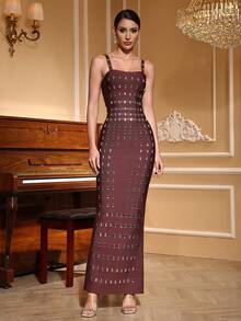 Girsdy 棕色无袖粗肩带露背修身绷带镂空优雅连衣裙，适合晚宴、演出、婚礼、派对、生日、春季假期等场合。 - 棕色 - 查看 4