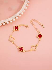 2条时尚、优雅、甜美可爱的四叶草镂空手链，女士款 - 粉紅紅色四葉草手鍊 - 查看 3