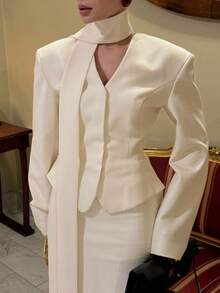 Women's Casual Minimalist Commuter Chic Shoulder Pad Tie-Up White Blazer Jacket, Elegant Simplistic For Daily Commute, Date, Valentine's Day, New Year, Spring - White - View 6