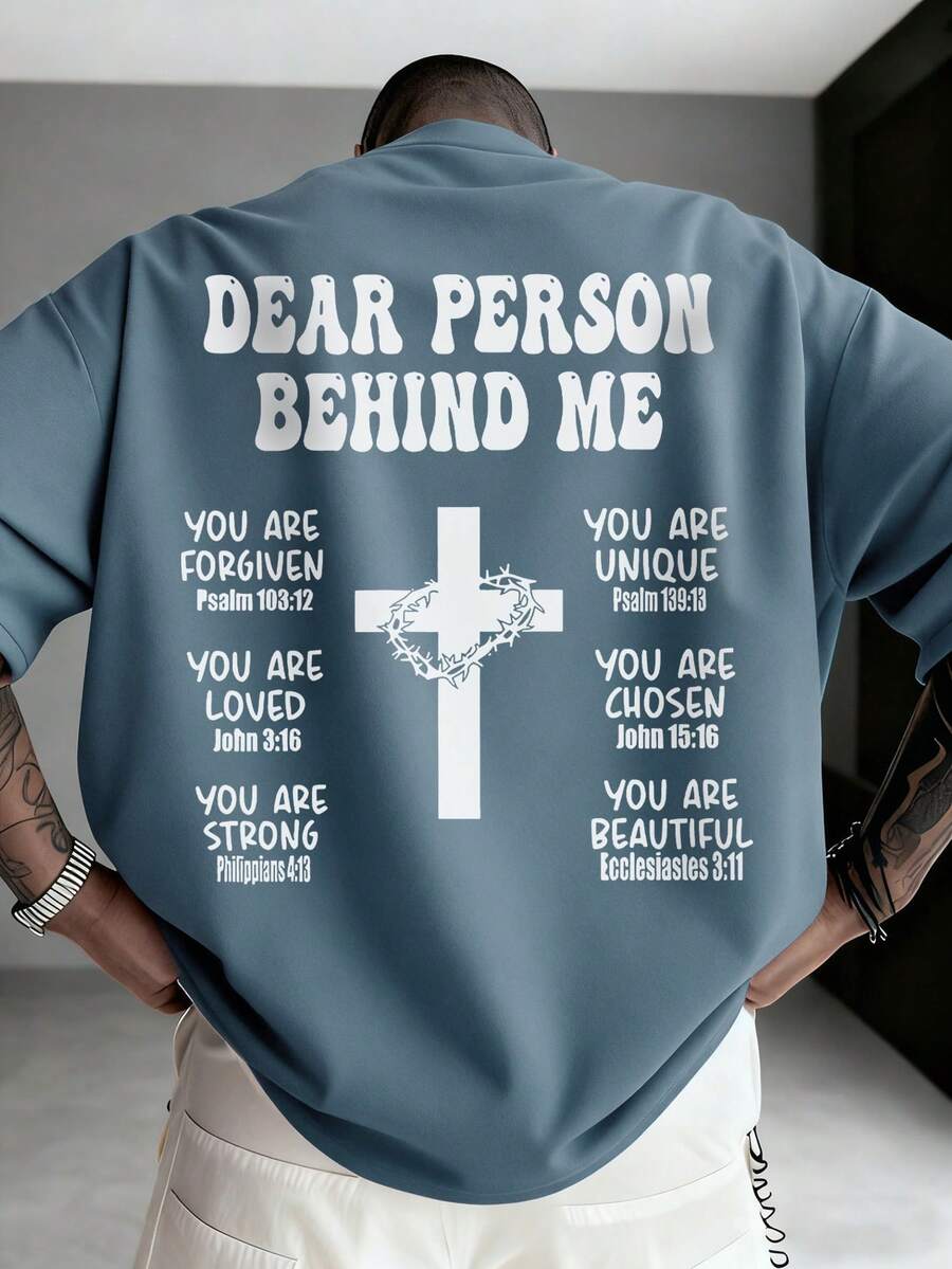 Camiseta de manga corta casual y versátil de K-GLORY para hombres con eslogan en inglés y estampado de cruz - Neblina azul - Ver 1