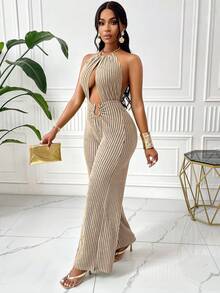 AIJ 女士优雅条纹印花露肩连体裤，金属装饰扣设计，适合通勤、商务和日常穿着，春夏款 - 淺杏色 - 查看 1