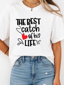 Camisetas para pareja con estampado de caña de pescar y texto One Lucky Fisherman y The Best Catch of His Life ideal para paseos al aire libre regalo de San Valentín perfecto para él regalo de San Valentín perfecto para ella regalo de San Valentín - Camiseta de mujer - Ver 3